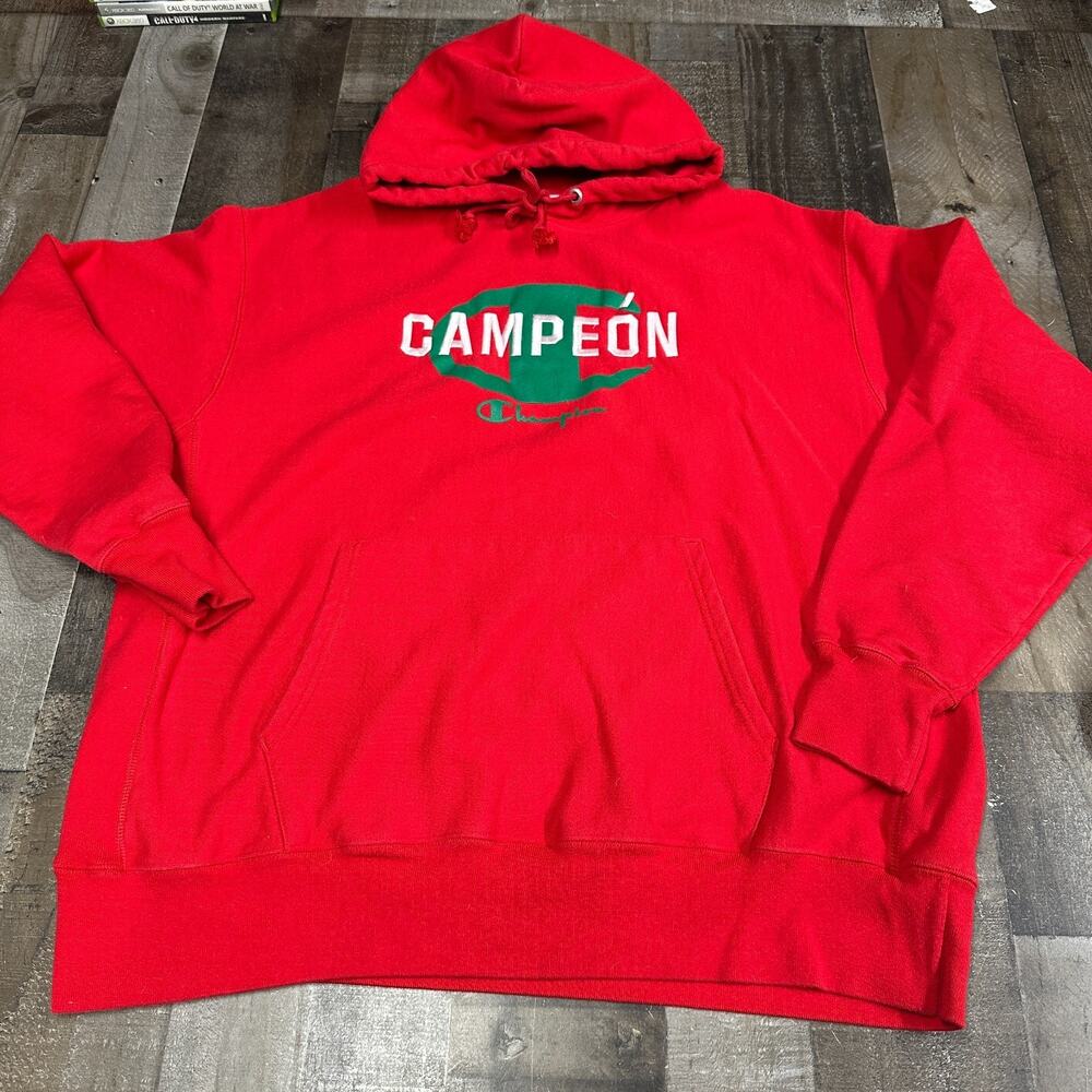 CHAMPION Campeon Mexico Reverse Weave Hoodie Mens 2XL Red Sweater Hooded